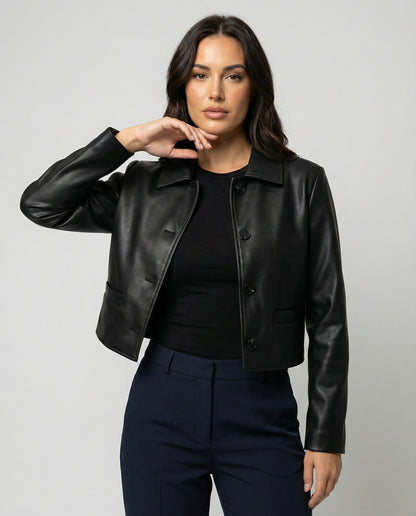 Damen Lederjacke Biker Style Schwarz Kurz - Norvielle