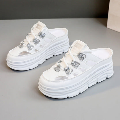 Damen Mules Plateau Atmungsaktives Material Glitzer Detail