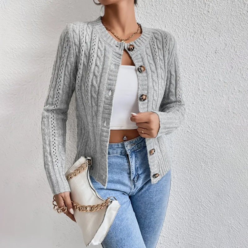 Damen Strickjacke Zopfmuster Knöpfe Grau - Norvielle