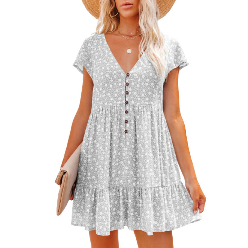 Damen Sommerkleid Blumenmuster Knöpfe Elegant