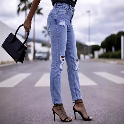 Damen High Waist Jeans Zerrissene Destroyed Style