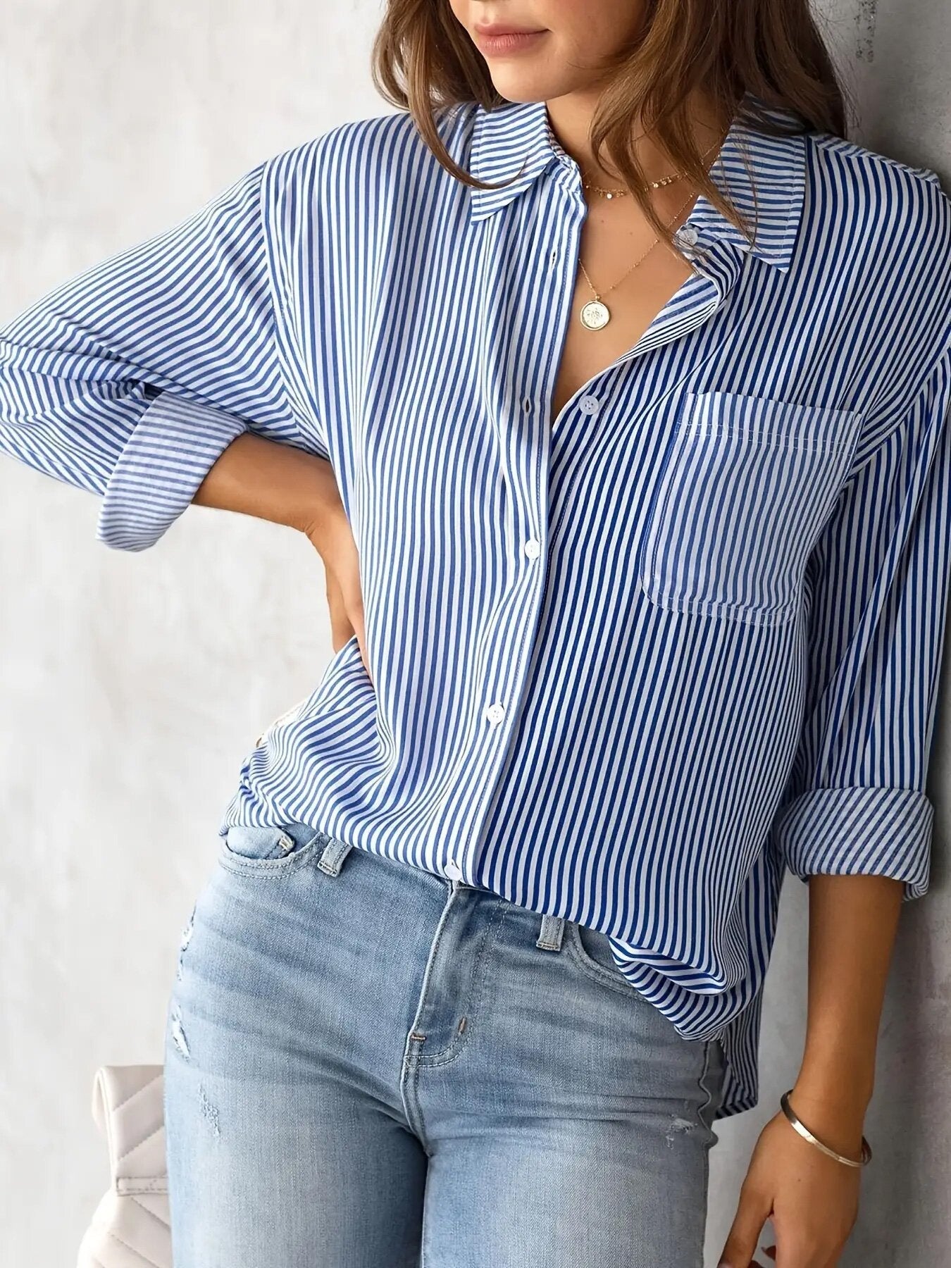 Damen Bluse Lässig Mit Streifenoptik Und Brusttasche