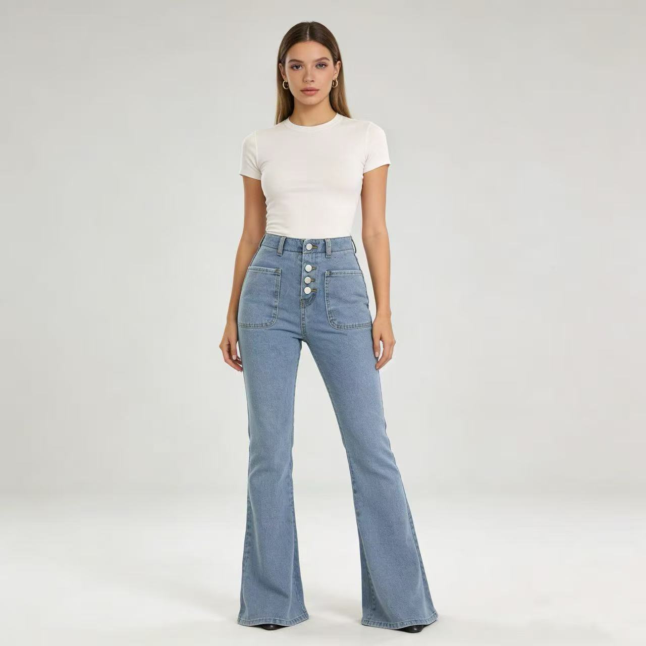 Damen High Waist Bootcut Jeans mit Knopfleiste