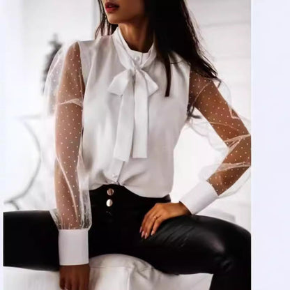 Damen Elegante Bluse Transparente Ärmel Mit Schleife