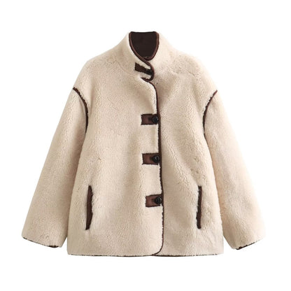 Damen Teddyjacke Stehkragen Warm mit Taschen