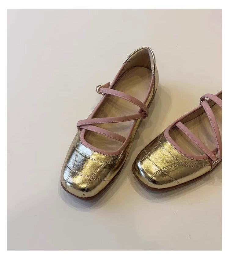 Damen Ballerinas Glänzend Kreuzriemen Schuhe