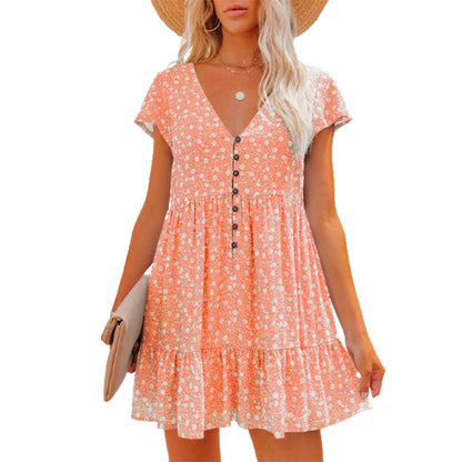 Damen Sommerkleid Blumenmuster Knöpfe Elegant