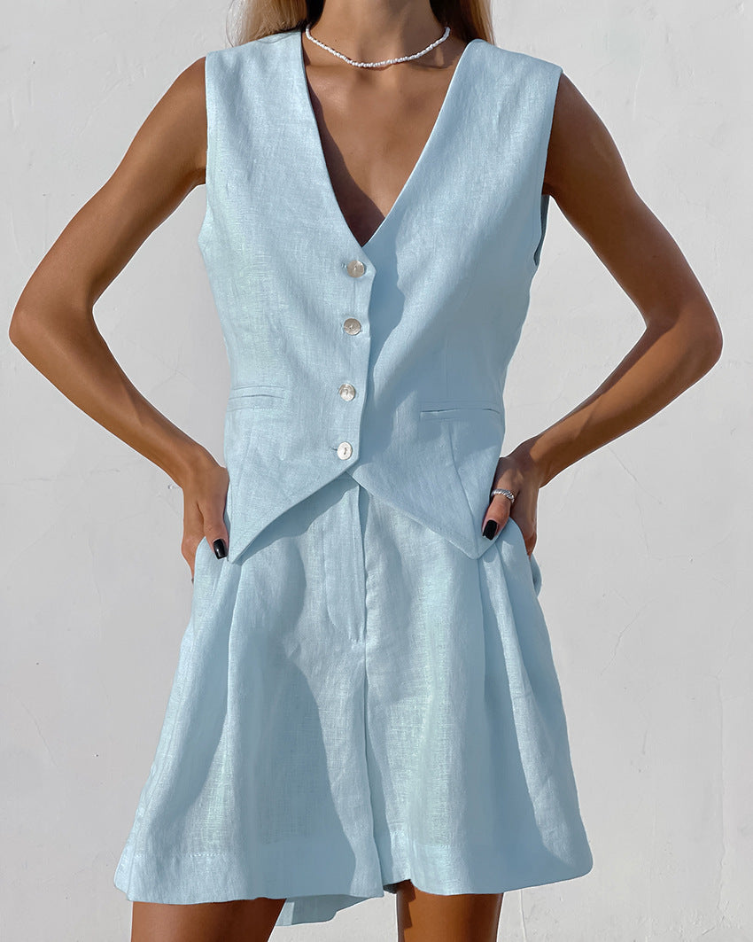 Leinen Herrenanzug Weste und Shorts Sommer Set Elegant