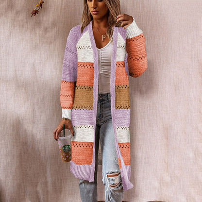 Damen Strickjacke Lang Streifenmuster Offen