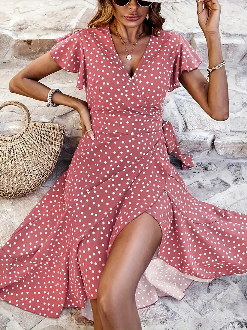 Damen Wickelkleid Elegantes Punktmuster Fließend