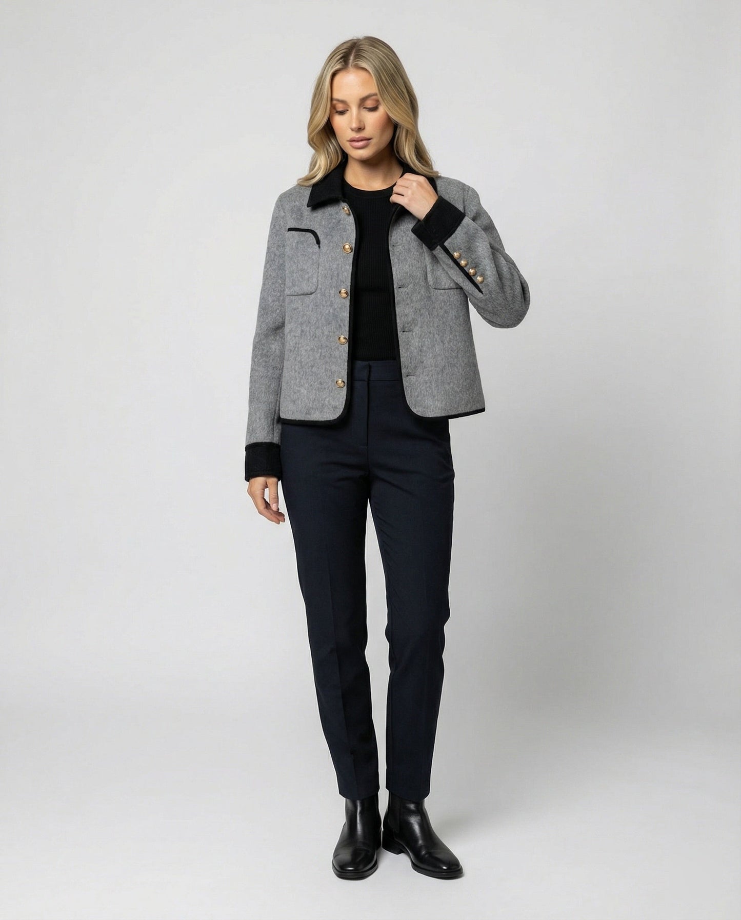 Damen Tweedjacke Wollmix Braun Mit Brusttasche
