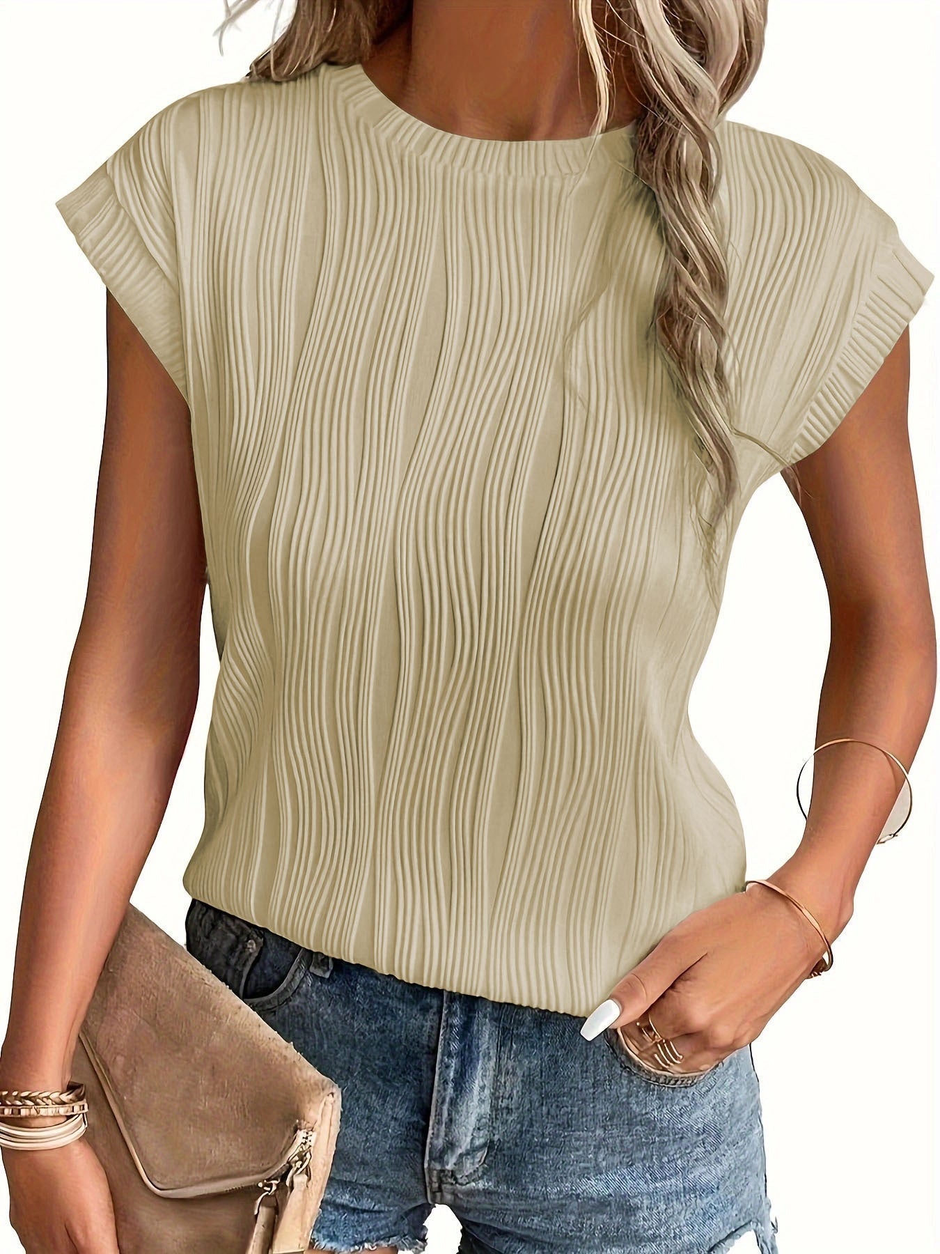 Damen Elastisch Wellenmuster Elegantes Oberteil