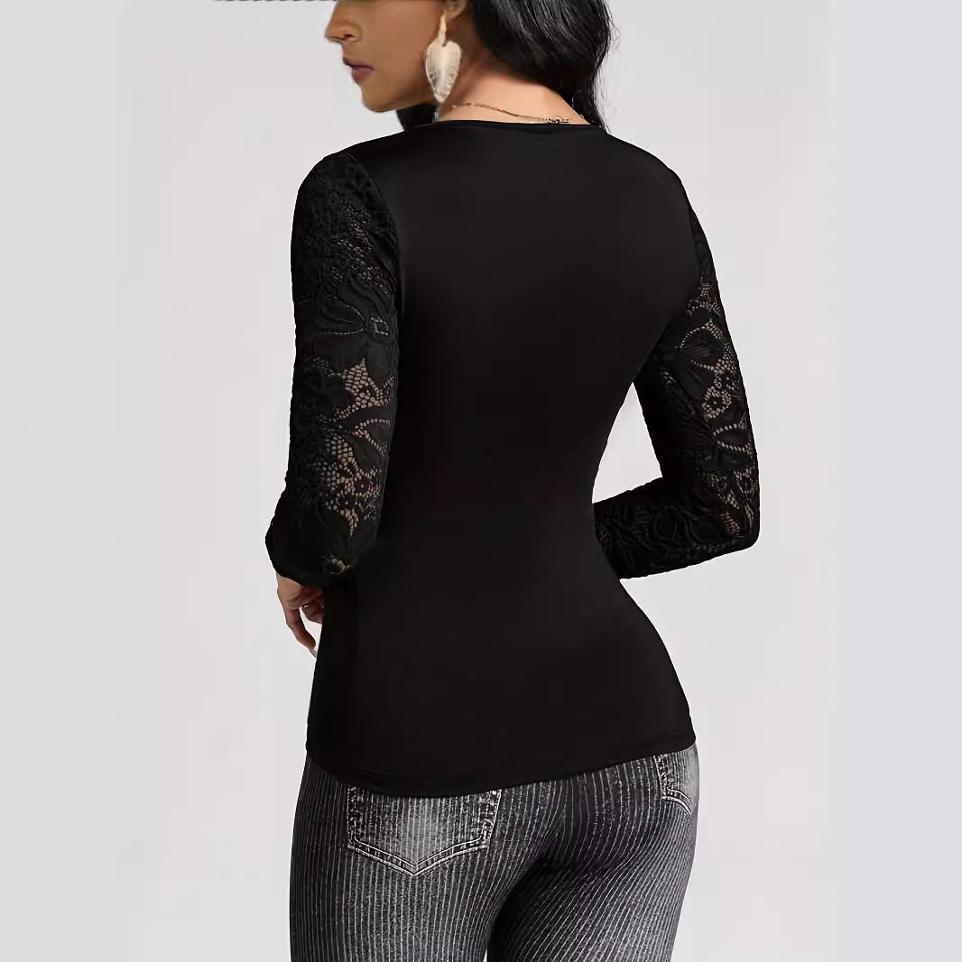 Damen Oberteil Wickelstil Spitzen Ärmel Elegant