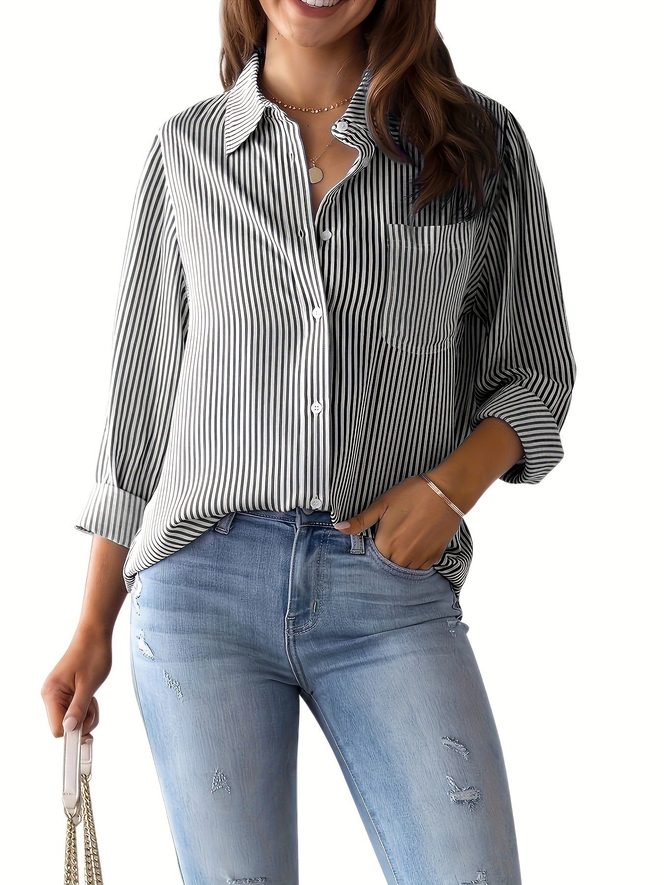 Damen Bluse Lässig Mit Streifenoptik Und Brusttasche