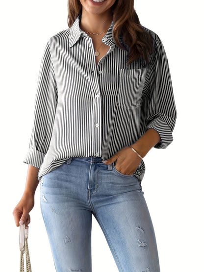 Damen Bluse Lässig Mit Streifenoptik Und Brusttasche