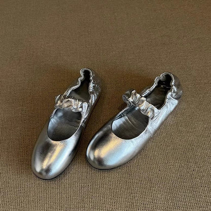 Damen Ballerinas Glänzend mit Rüschensaum