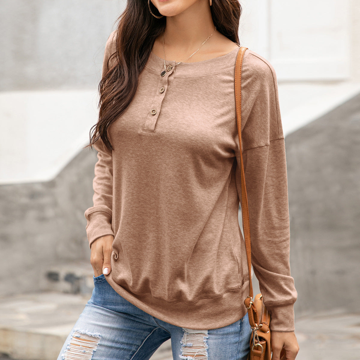 Damen Langarmshirt Rundhals Knöpfe Elegantes Baumwolle