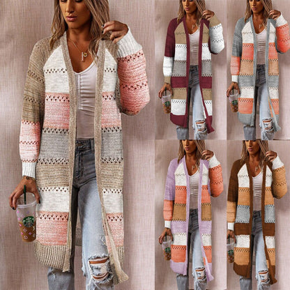 Damen Strickjacke Lang Streifenmuster Offen - Norvielle