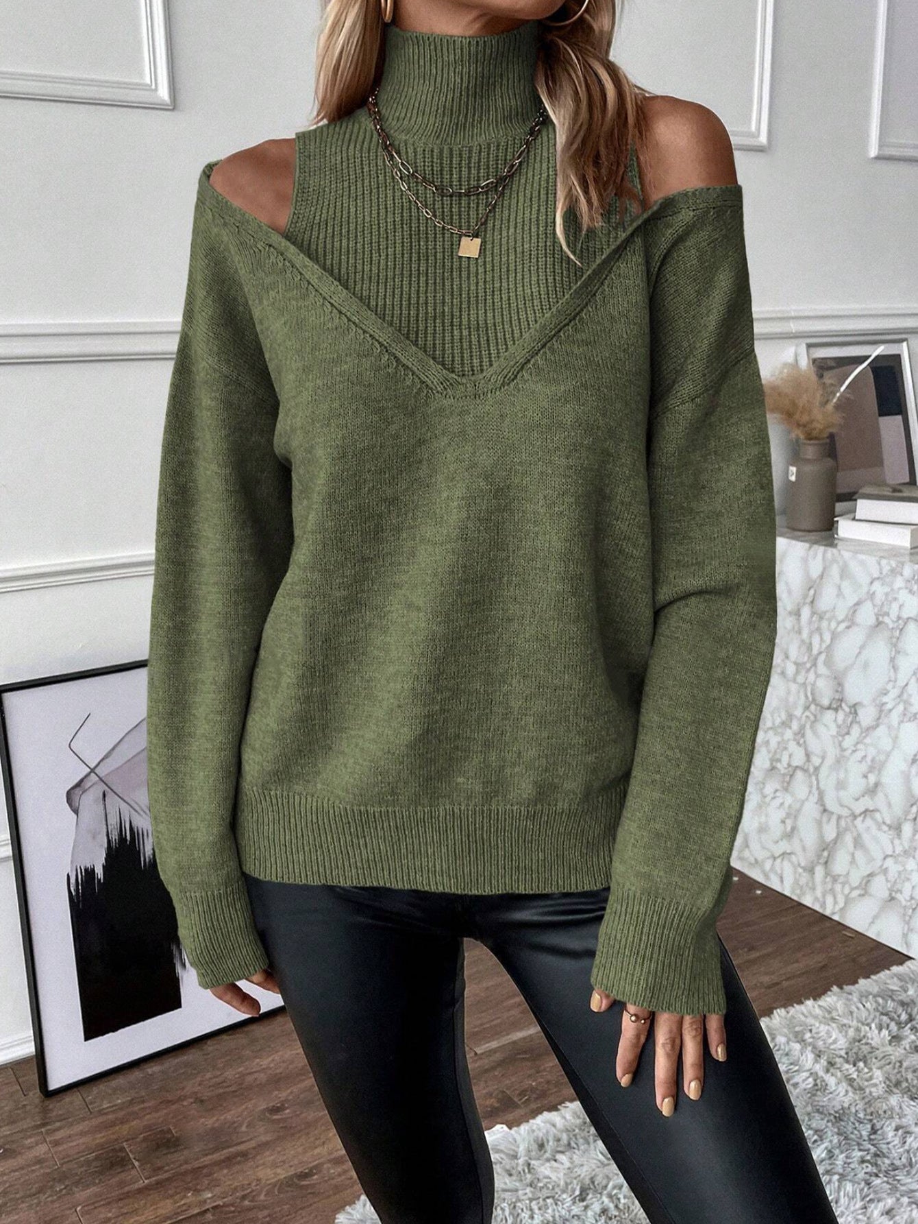 Damen Off-Shoulder Rollkragenpullover Strickweite Frauen