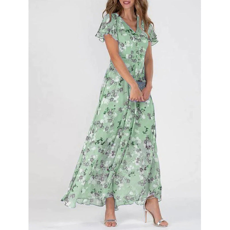 Damen Langarm Maxikleid Chiffon Blumenmuster