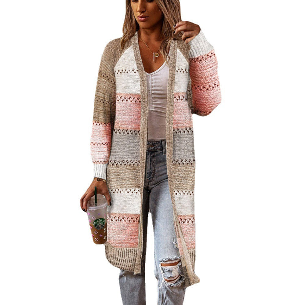 Damen Strickjacke Lang Streifenmuster Offen