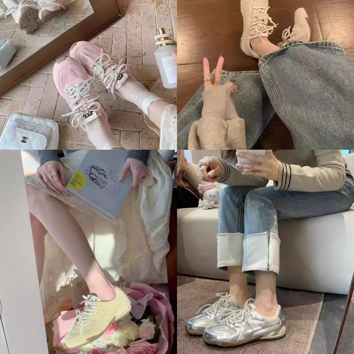 Damen Sneaker Sportlich Perlen Schnürsystem