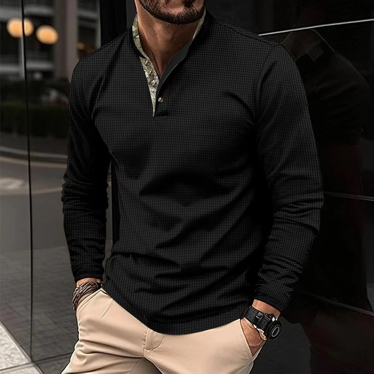 Herren Langarmhemd Stehkragen Elegantes Design Weiss