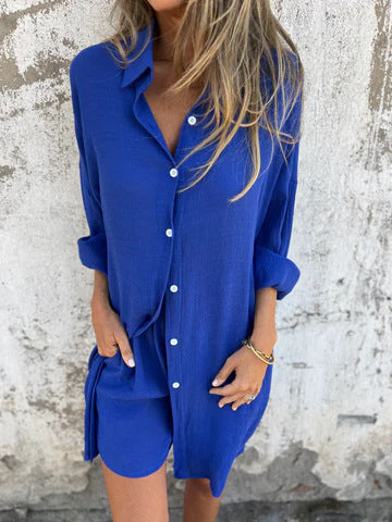 Damen Oversize Hemdkleid Rollkragen Baumwolle