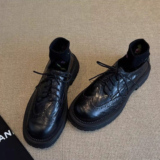 Damen Derby Schuhe Rutschfest Schwarz Leder - Norvielle