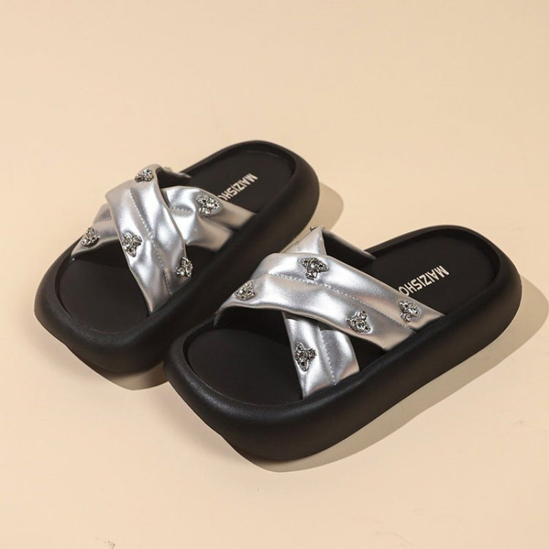 Damen Slipper Glitzersteinen Comfort Schuhe