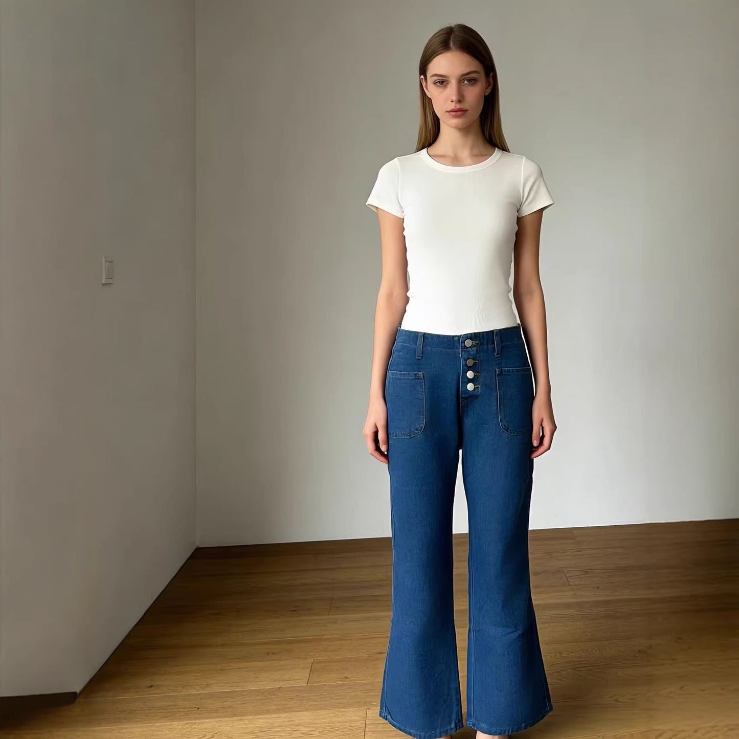 Damen High Waist Bootcut Jeans mit Knopfleiste
