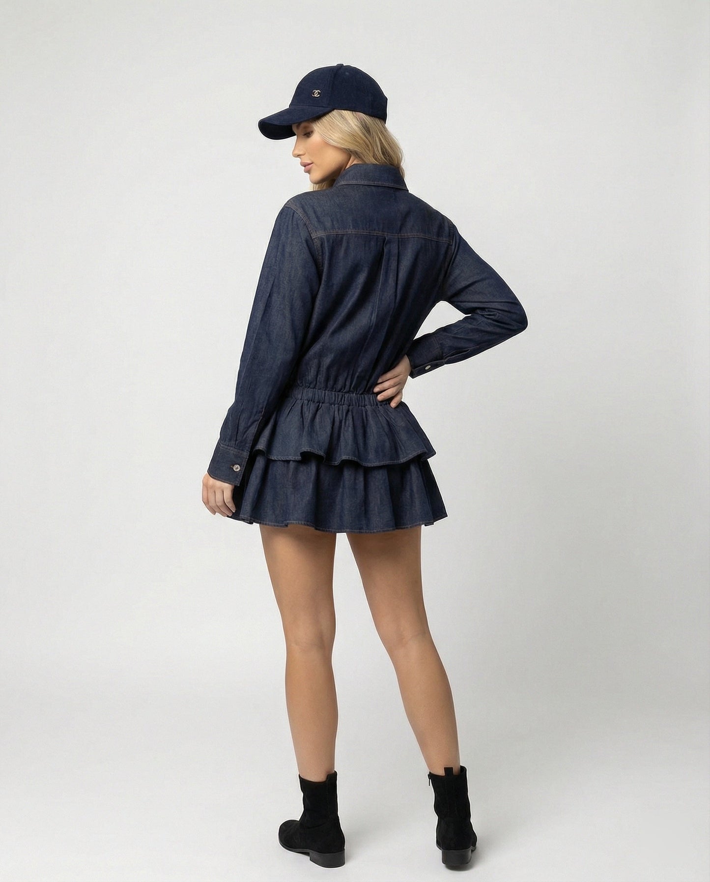 Retro Damenminirock Denimkleid mit Rüschen Blau
