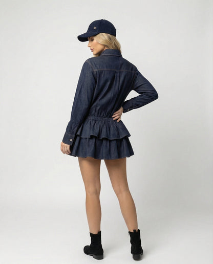 Retro Damenminirock Denimkleid mit Rüschen Blau