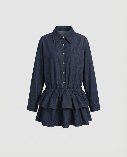 Retro Damenminirock Denimkleid mit Rüschen Blau