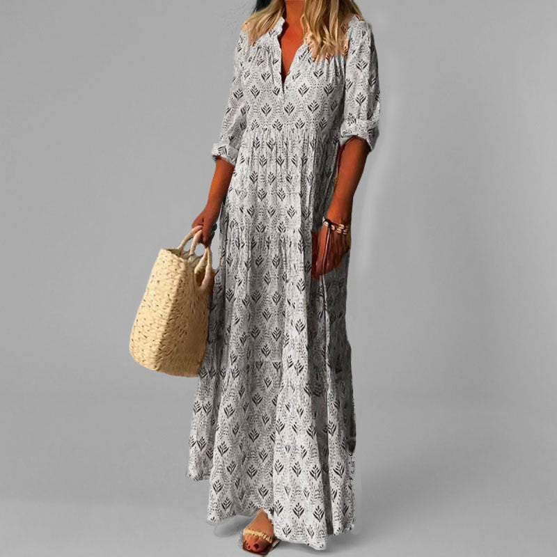 Elanira Maxikleid in Grau mit leichtem Stoff und Retro-Muster