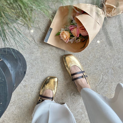 Damen Ballerinas Schimmernd Mit Riemen