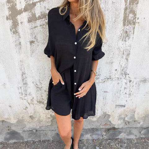 Damen Oversize Hemdkleid Rollkragen Baumwolle