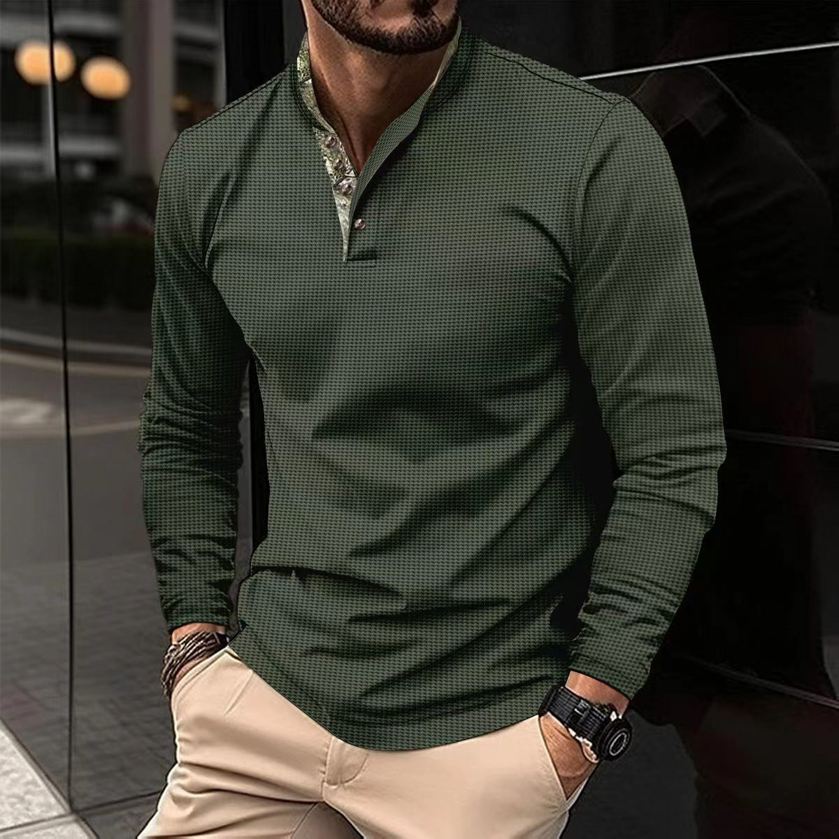 Herren Langarmhemd Stehkragen Elegantes Design Weiss