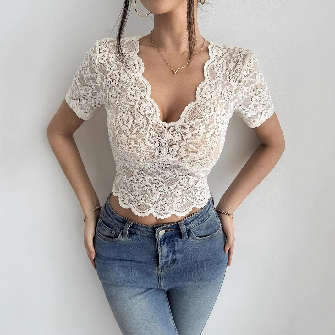 Damen Spitzenoberteil Kurzarm Elegant