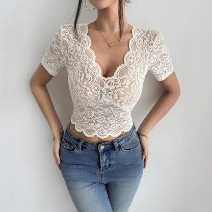 Damen Spitzenoberteil Kurzarm Elegant
