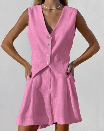 Leinen Herrenanzug Weste und Shorts Sommer Set Elegant