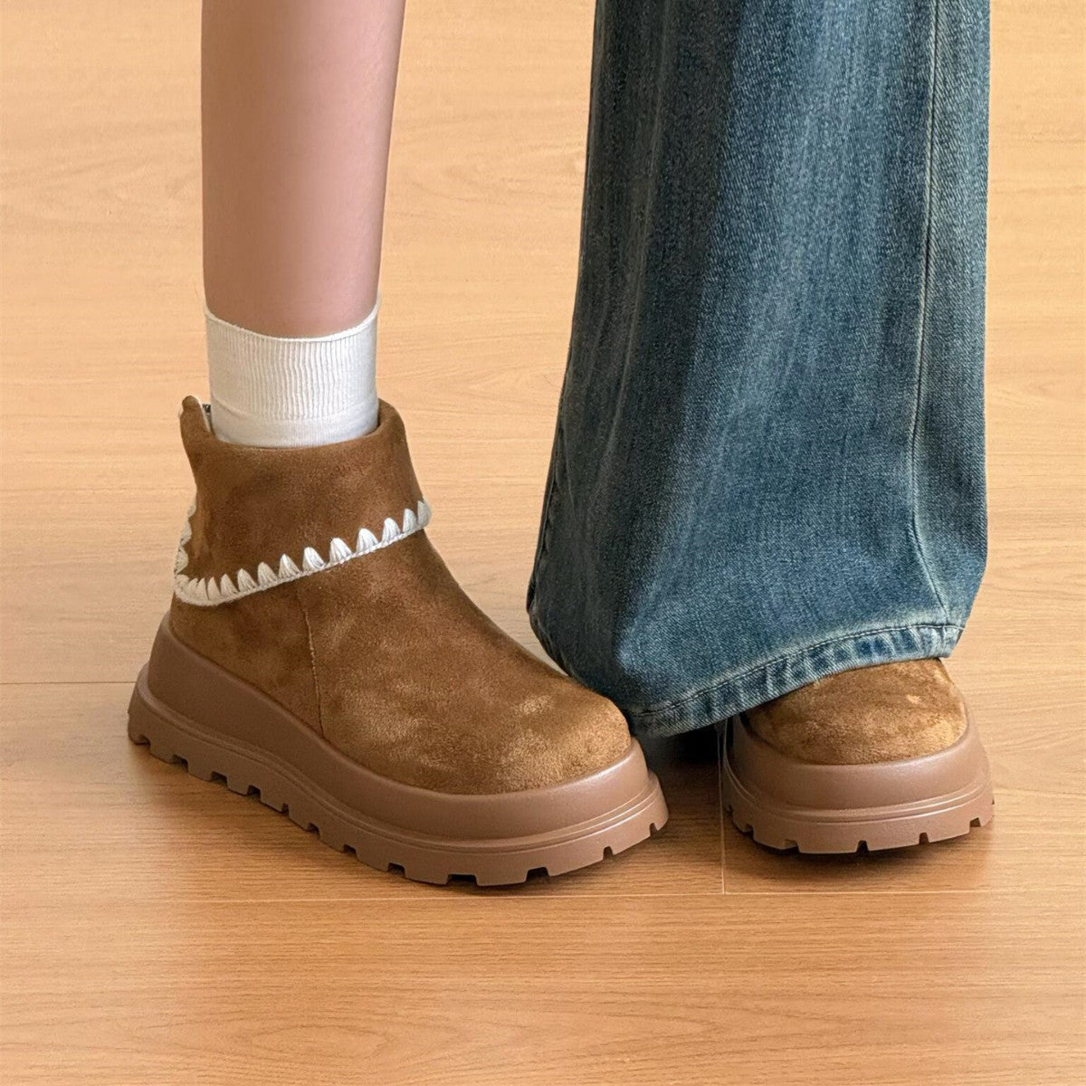 Damen Stiefeletten Weiches Wildleder Rippensaum