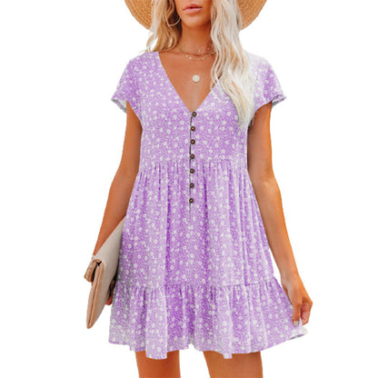 Damen Sommerkleid Blumenmuster Knöpfe Elegant