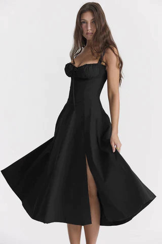 Damen A-Linie Midikleid mit Trägern Schwarz - Norvielle
