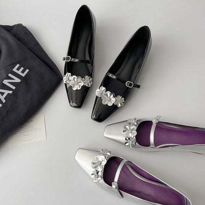 Damen Ballerinas Blumenmuster Glänzend