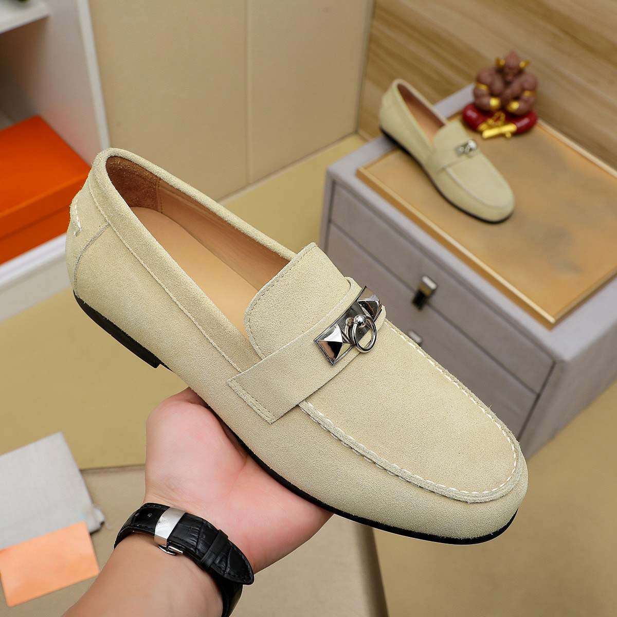 Damen Mokassin Schuhe Wildleder Elegant Braun