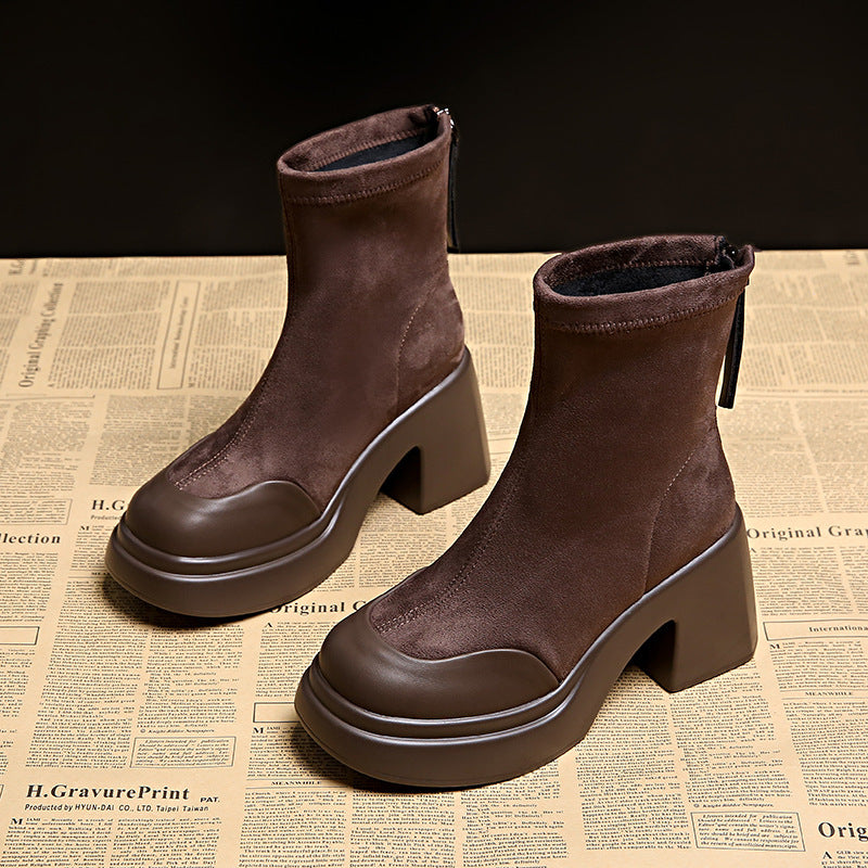 Damen High Heels Stiefel mit Blockabsatz und Reißverschluss