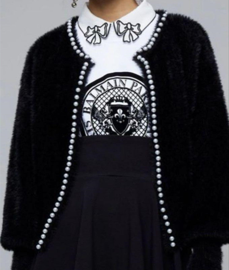 Damen Strickjacke Flauschig Perlen Verzierung