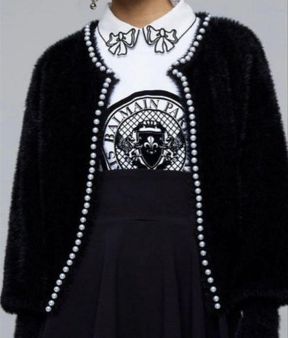 Damen Strickjacke Flauschig Perlen Verzierung