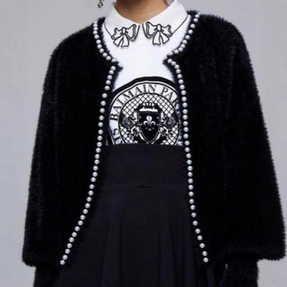 Damen Strickjacke Flauschig Perlen Verzierung